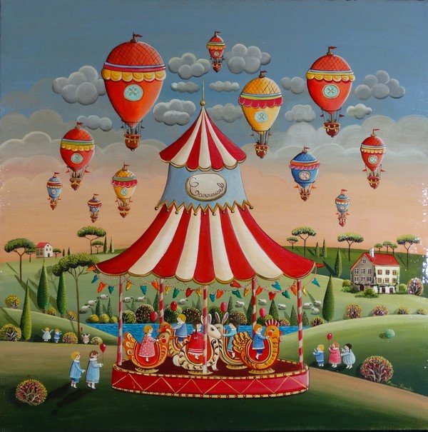 Le manège sous un vol de montgolfières  / 60 cm x 60 cm (prix en baisse 400€ au lieu de 1200€)